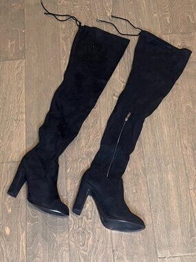 Faux Suede Over-the-Knee Tie-Top Boots in Black - Women's 8.5